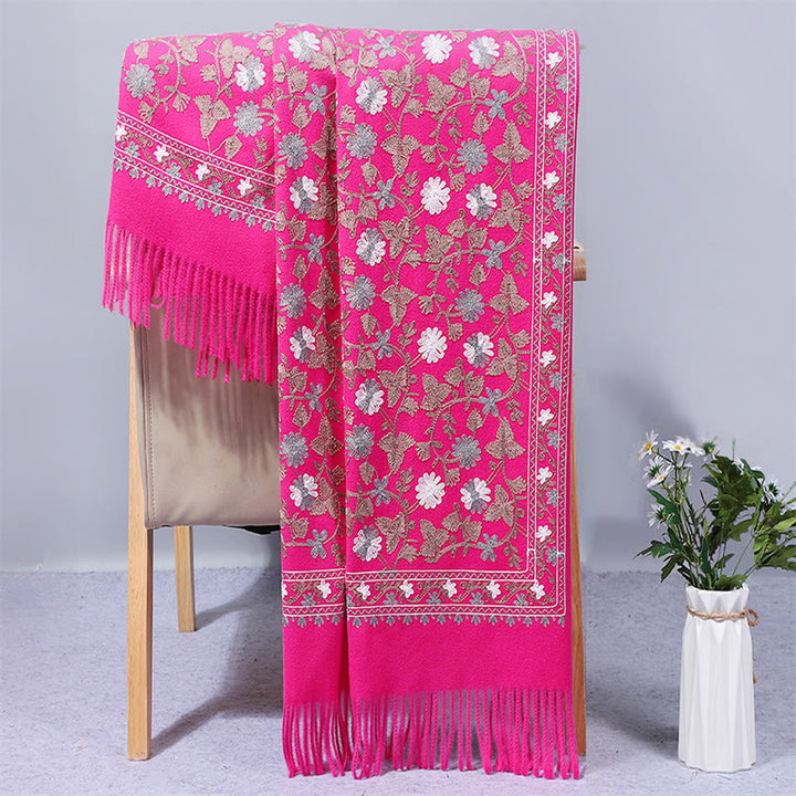 Chal de poliéster con Buddha Stones y flores de anacardo, bordado con borlas, bufanda de viaje acogedora para el invierno