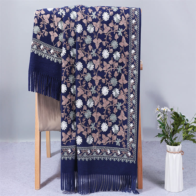 Chal de poliéster con Buddha Stones y flores de anacardo, bordado con borlas, bufanda de viaje acogedora para el invierno - Azul medianoche - 200 x 70 cm - image 0