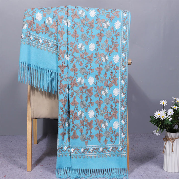 Chal de poliéster con Buddha Stones y flores de anacardo, bordado con borlas, bufanda de viaje acogedora para el invierno