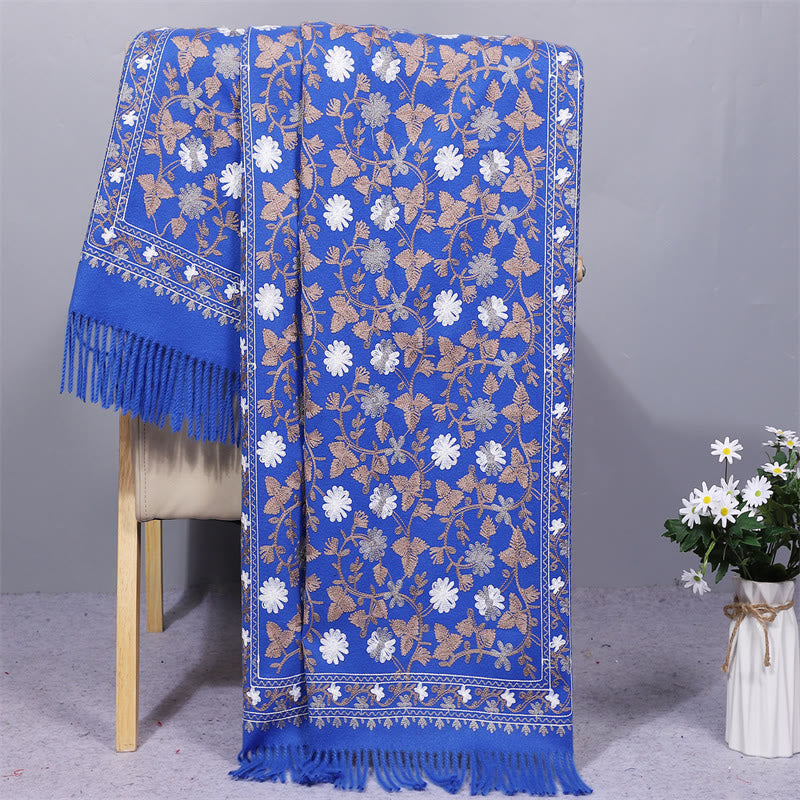 Chal de poliéster con Buddha Stones y flores de anacardo, bordado con borlas, bufanda de viaje acogedora para el invierno