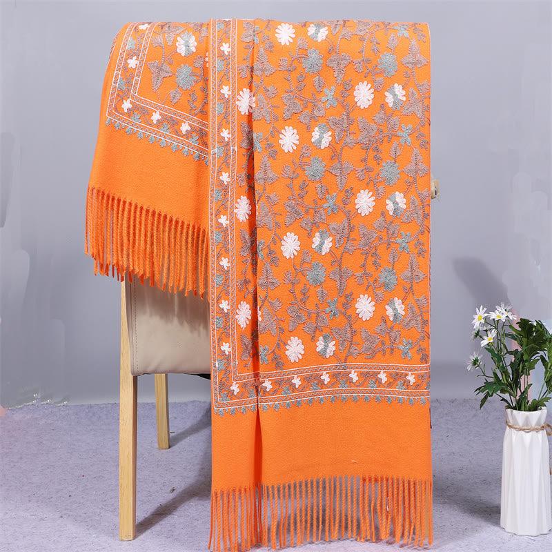 Chal de poliéster con Buddha Stones y flores de anacardo, bordado con borlas, bufanda de viaje acogedora para el invierno