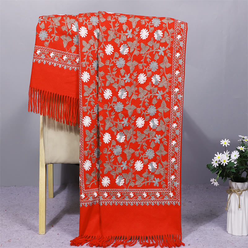 Chal de poliéster con Buddha Stones y flores de anacardo, bordado con borlas, bufanda de viaje acogedora para el invierno
