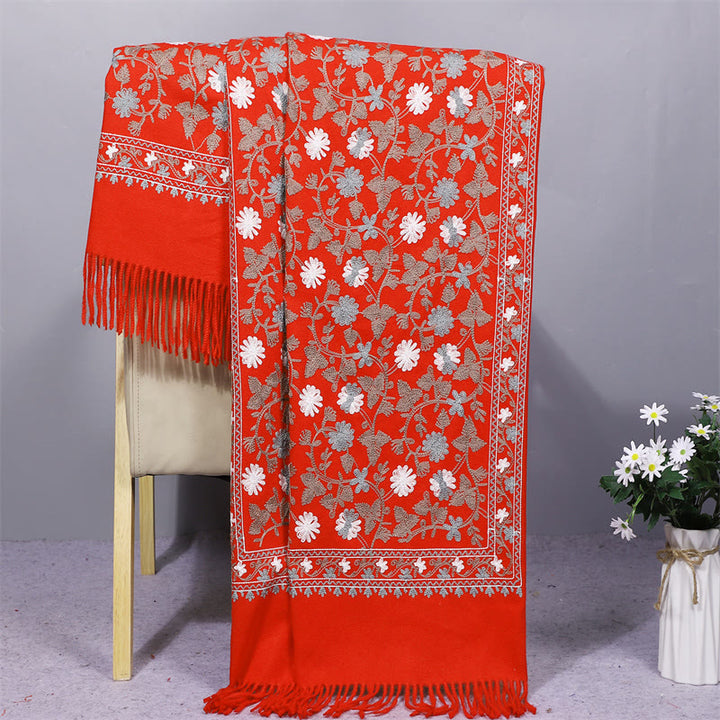 Chal de poliéster con Buddha Stones y flores de anacardo, bordado con borlas, bufanda de viaje acogedora para el invierno