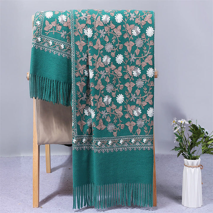 Chal de poliéster con Buddha Stones y flores de anacardo, bordado con borlas, bufanda de viaje acogedora para el invierno