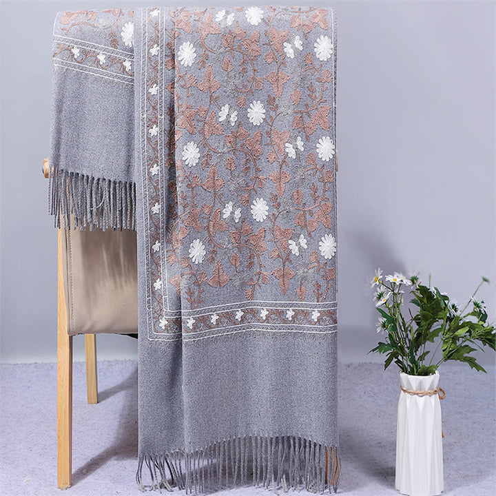 Chal de poliéster con Buddha Stones y flores de anacardo, bordado con borlas, bufanda de viaje acogedora para el invierno