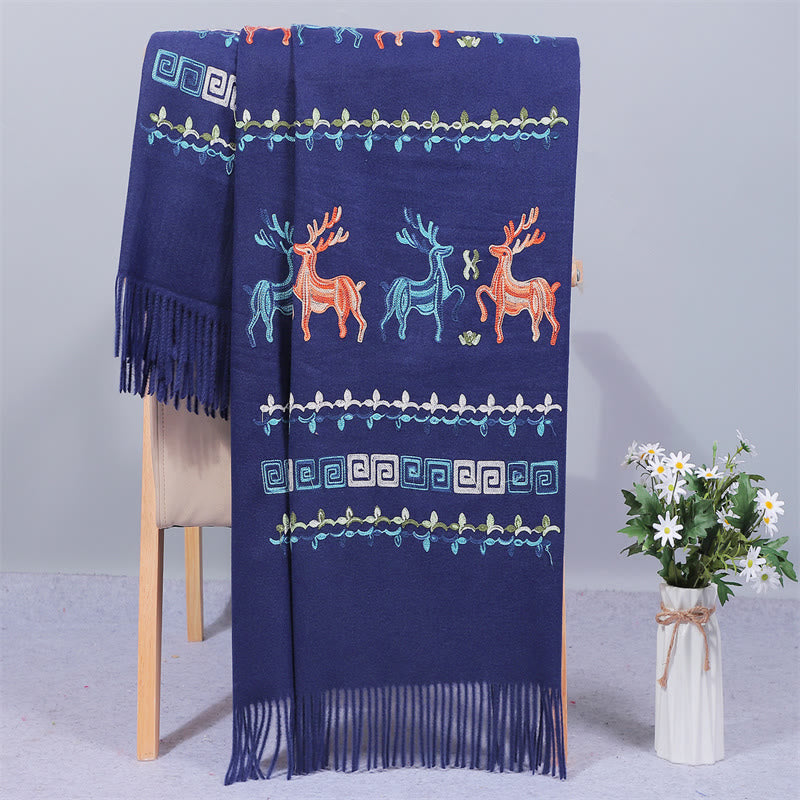 Chal de tela de rayón con Buddha Stones y borlas bordadas con ciervos sika, bufanda de viaje acogedora para el invierno
