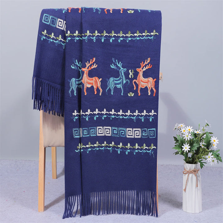 Chal de tela de rayón con Buddha Stones y borlas bordadas con ciervos sika, bufanda de viaje acogedora para el invierno