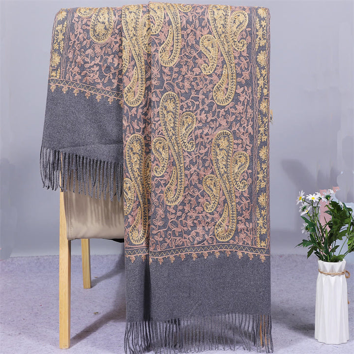 Chal de tela de rayón con Buddha Stones y flores de anacardo doradas, bordado con borlas, bufanda de viaje acogedora para el invierno
