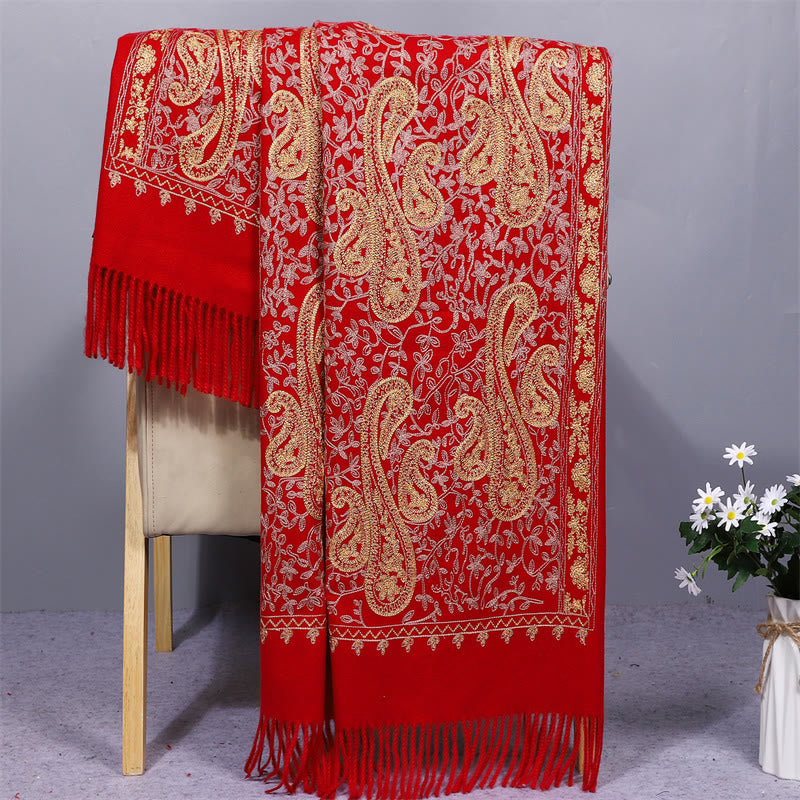 Chal de tela de rayón con Buddha Stones y flores de anacardo doradas, bordado con borlas, bufanda de viaje acogedora para el invierno
