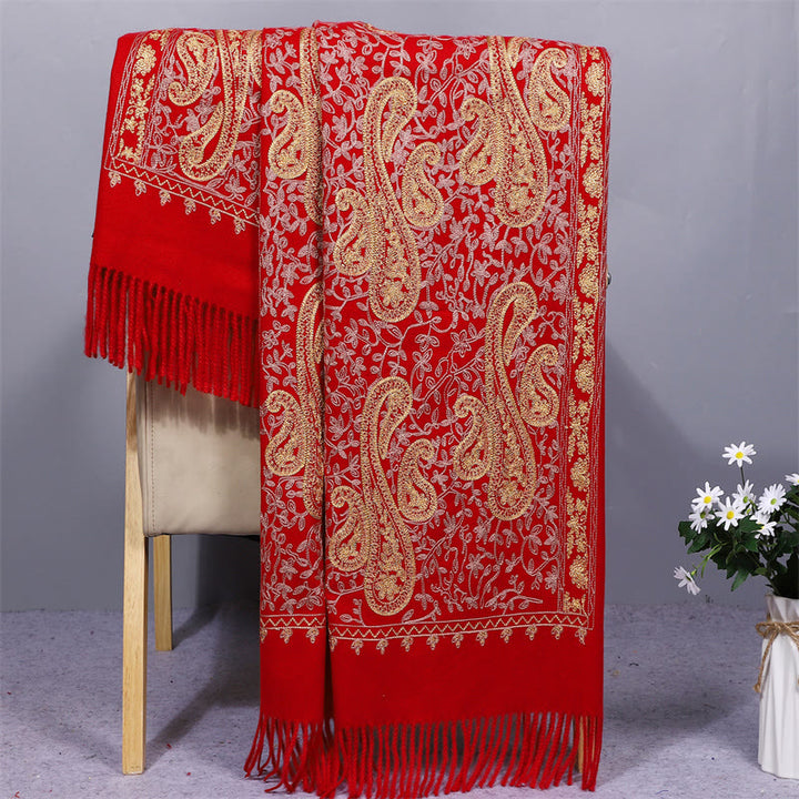 Chal de tela de rayón con Buddha Stones y flores de anacardo doradas, bordado con borlas, bufanda de viaje acogedora para el invierno
