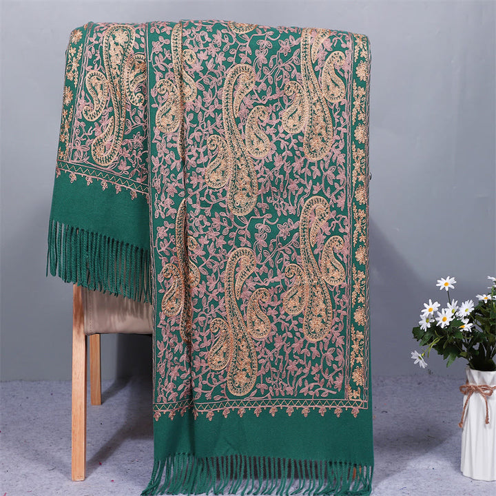 Chal de tela de rayón con Buddha Stones y flores de anacardo doradas, bordado con borlas, bufanda de viaje acogedora para el invierno