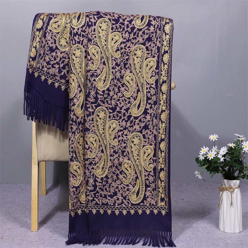 Chal de tela de rayón con Buddha Stones y flores de anacardo doradas, bordado con borlas, bufanda de viaje acogedora para el invierno