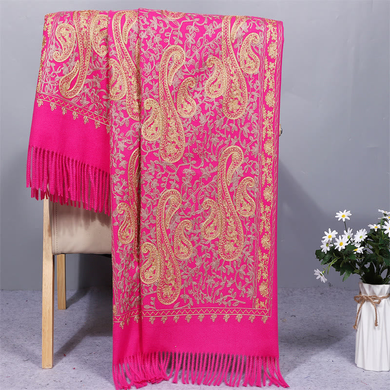 Chal de tela de rayón con Buddha Stones y flores de anacardo doradas, bordado con borlas, bufanda de viaje acogedora para el invierno