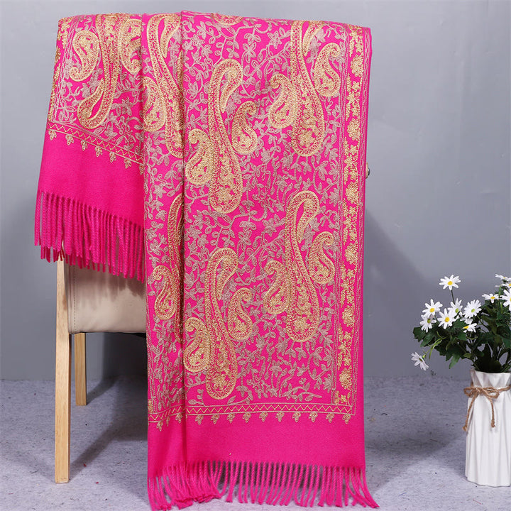 Chal de tela de rayón con Buddha Stones y flores de anacardo doradas, bordado con borlas, bufanda de viaje acogedora para el invierno