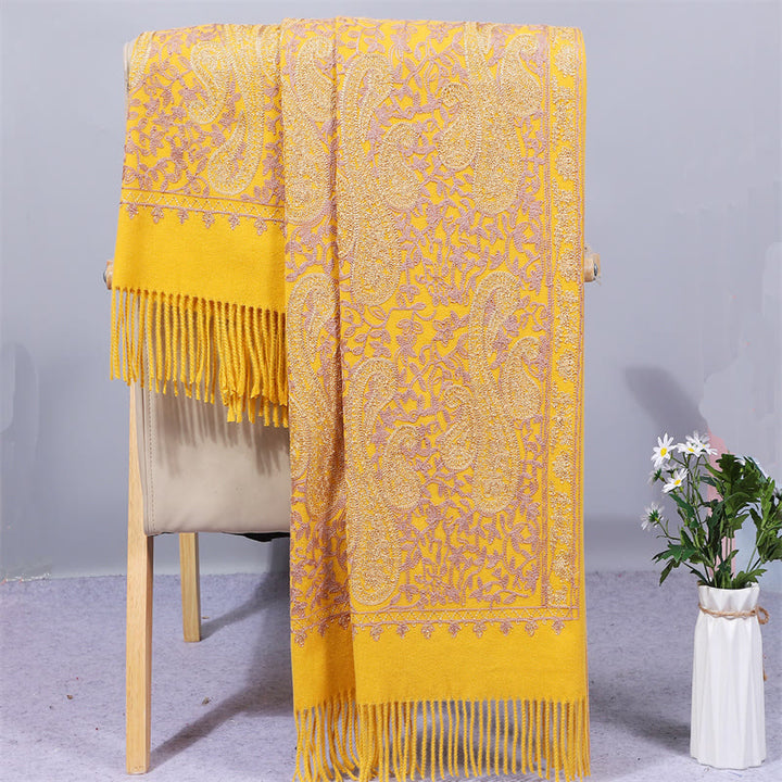 Chal de tela de rayón con Buddha Stones y flores de anacardo doradas, bordado con borlas, bufanda de viaje acogedora para el invierno