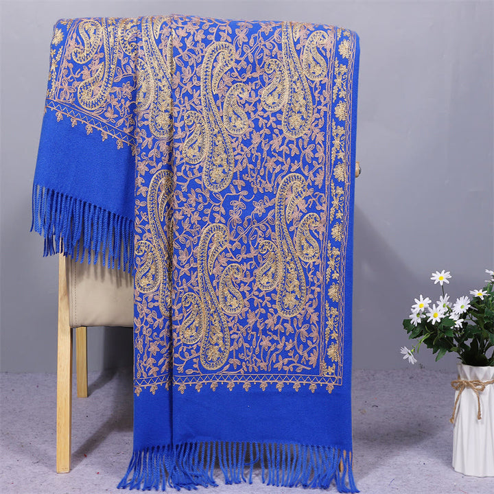 Chal de tela de rayón con Buddha Stones y flores de anacardo doradas, bordado con borlas, bufanda de viaje acogedora para el invierno