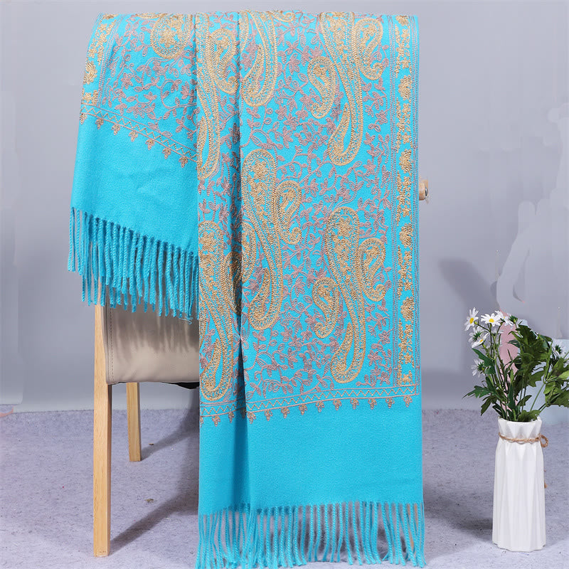 Chal de tela de rayón con Buddha Stones y flores de anacardo doradas, bordado con borlas, bufanda de viaje acogedora para el invierno