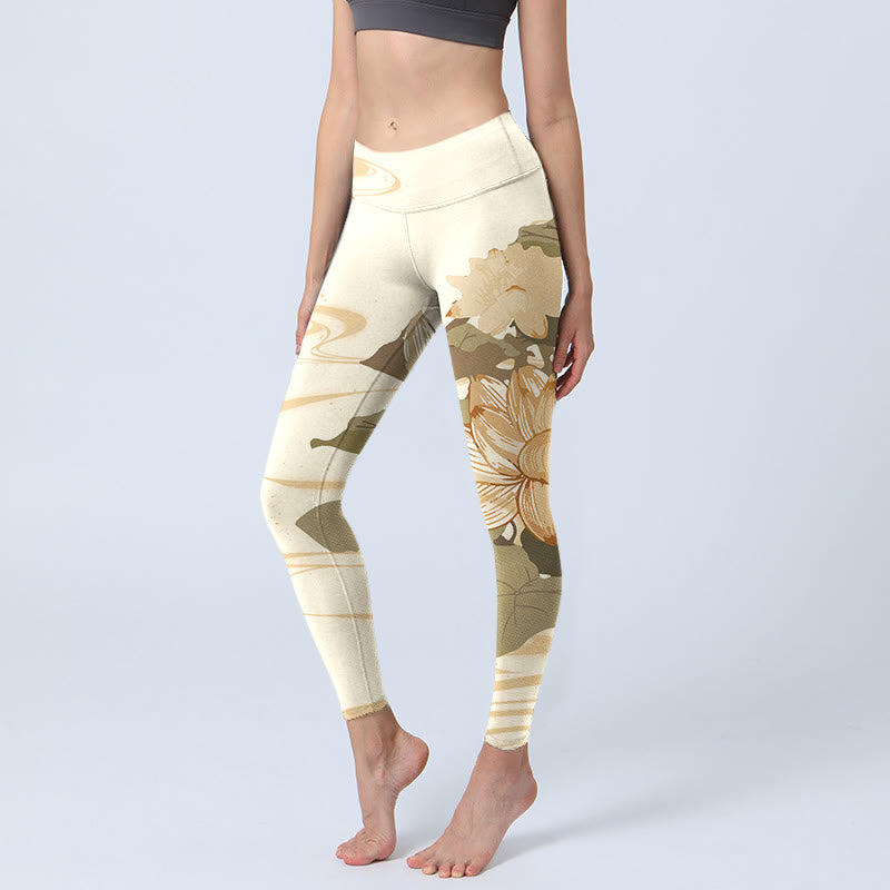 Leggings de fitness para gimnasio con estampado de flores de loto beige y Buddha Stones para mujer - Beige - US18，UK/AU22，EU50 (4XL) - image 0