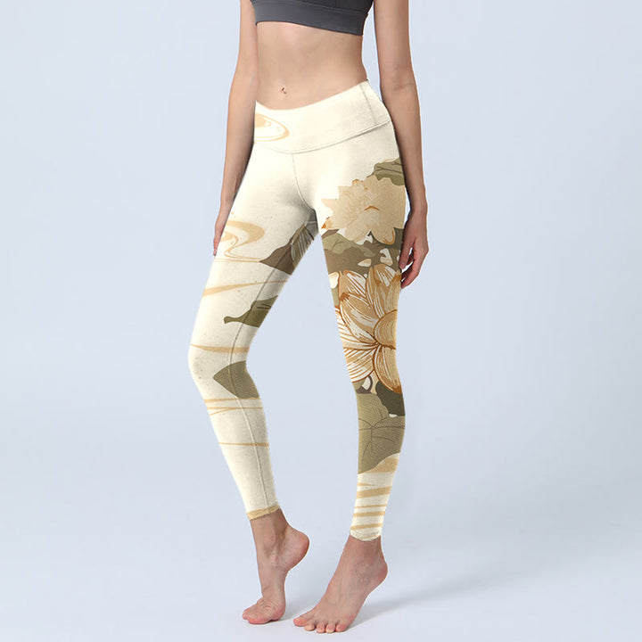 Leggings de fitness para gimnasio con estampado de flores de loto beige y Buddha Stones para mujer - Beige - US18，UK/AU22，EU50 (4XL) - image 0