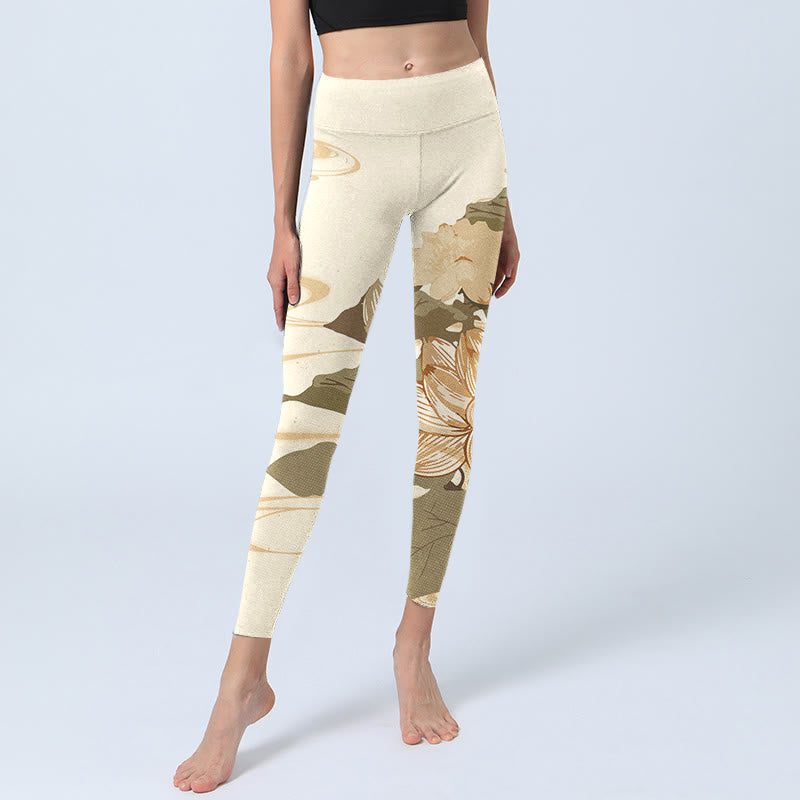 Leggings de fitness para gimnasio con estampado de flores de loto beige y Buddha Stones para mujer - image 5
