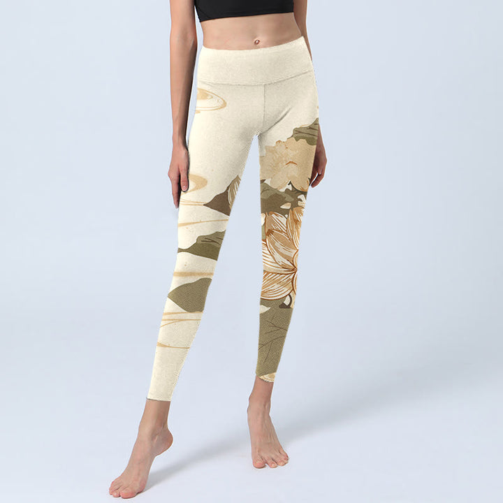 Leggings de fitness para gimnasio con estampado de flores de loto beige y Buddha Stones para mujer - image 5