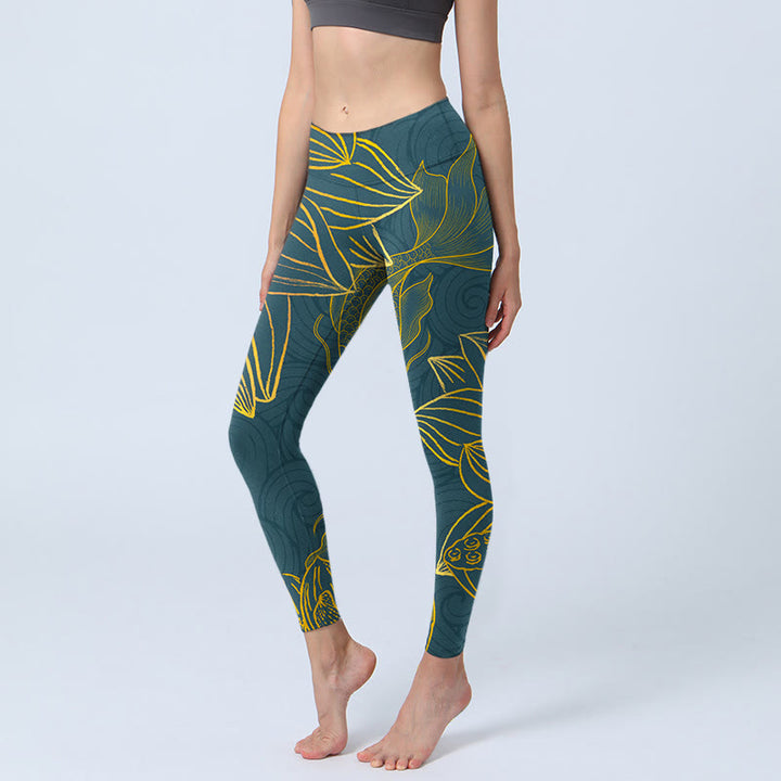 Leggings de yoga para mujer con estampado de loto y peces koi dorados y grises con Buddha Stones - Azul cadete - US18，UK/AU22，EU50 (4XL) - image 0