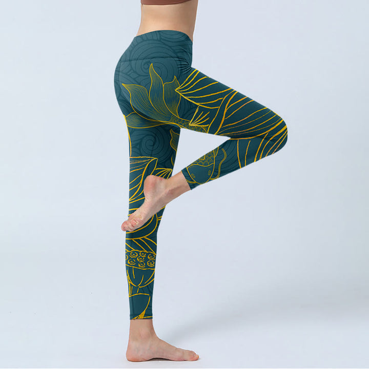 Leggings de yoga para mujer con estampado de loto y peces koi dorados y grises con Buddha Stones - image 4