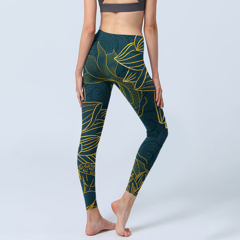 Leggings de yoga para mujer con estampado de loto y peces koi dorados y grises con Buddha Stones - image 6