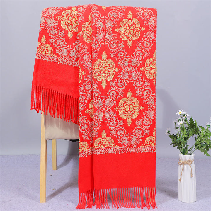 Chal de poliéster con Buddha Stones , simetría, bordado de filigrana dorada, borlas, bufanda de viaje acogedora para el invierno - Rojo - 200*70 cm - image 10