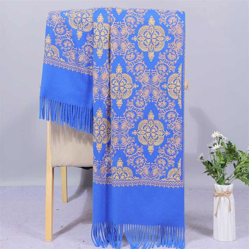 Chal de poliéster con Buddha Stones , simetría, bordado de filigrana dorada, borlas, bufanda de viaje acogedora para el invierno - Azul real - 200*70 cm - image 7