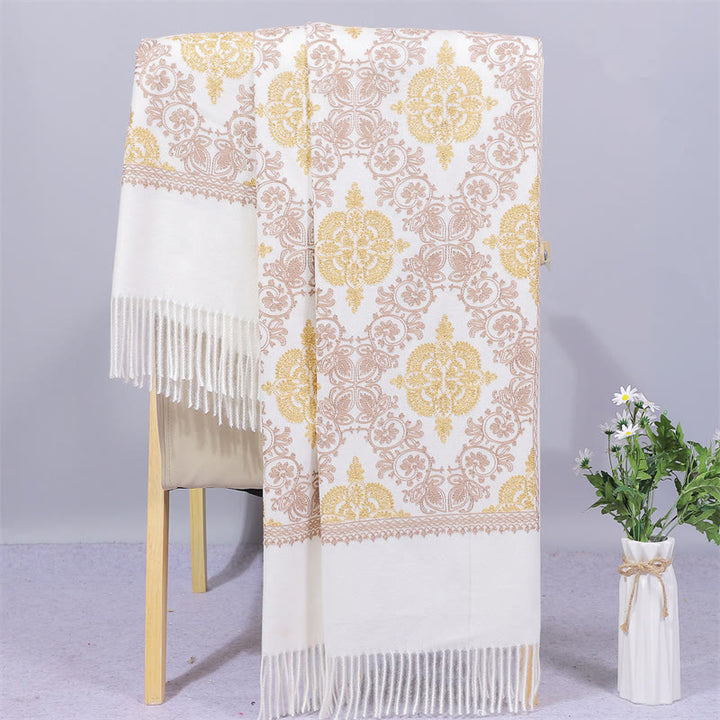 Chal de poliéster con Buddha Stones , simetría, bordado de filigrana dorada, borlas, bufanda de viaje acogedora para el invierno - Blanco - 200*70 cm - image 3