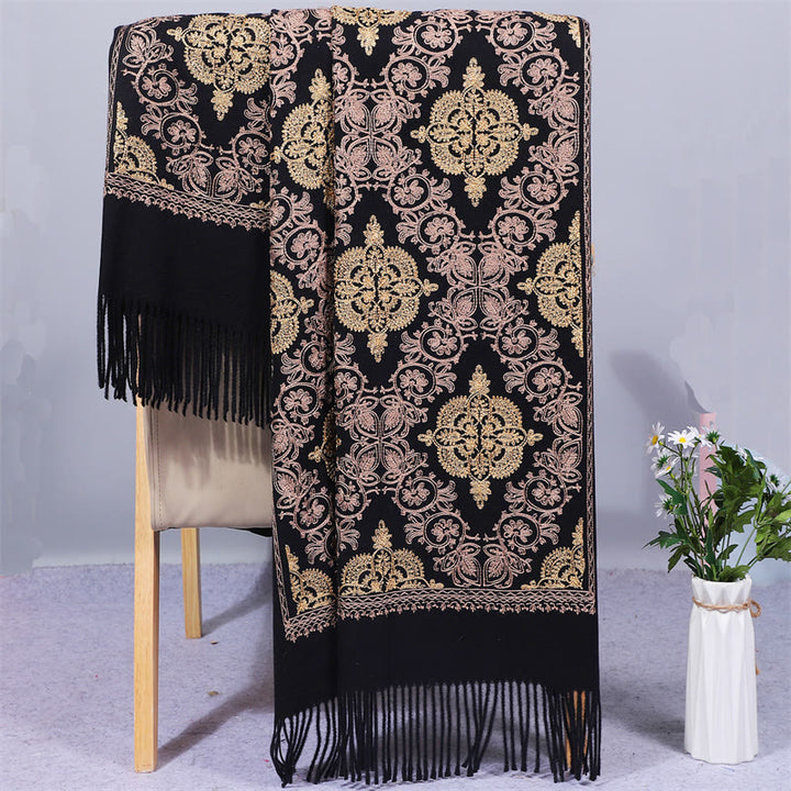 Chal de poliéster con Buddha Stones , simetría, bordado de filigrana dorada, borlas, bufanda de viaje acogedora para el invierno - Negro - 200*70 cm - image 6