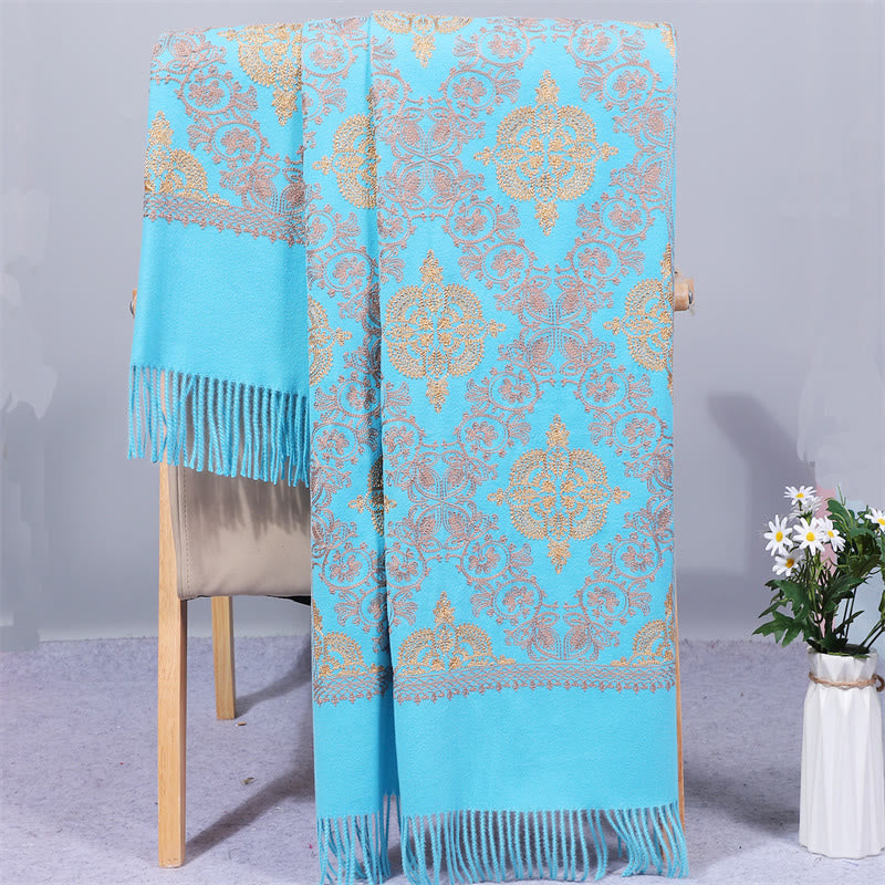 Chal de poliéster con Buddha Stones , simetría, bordado de filigrana dorada, borlas, bufanda de viaje acogedora para el invierno - Azul cielo claro - 200*70 cm - image 8
