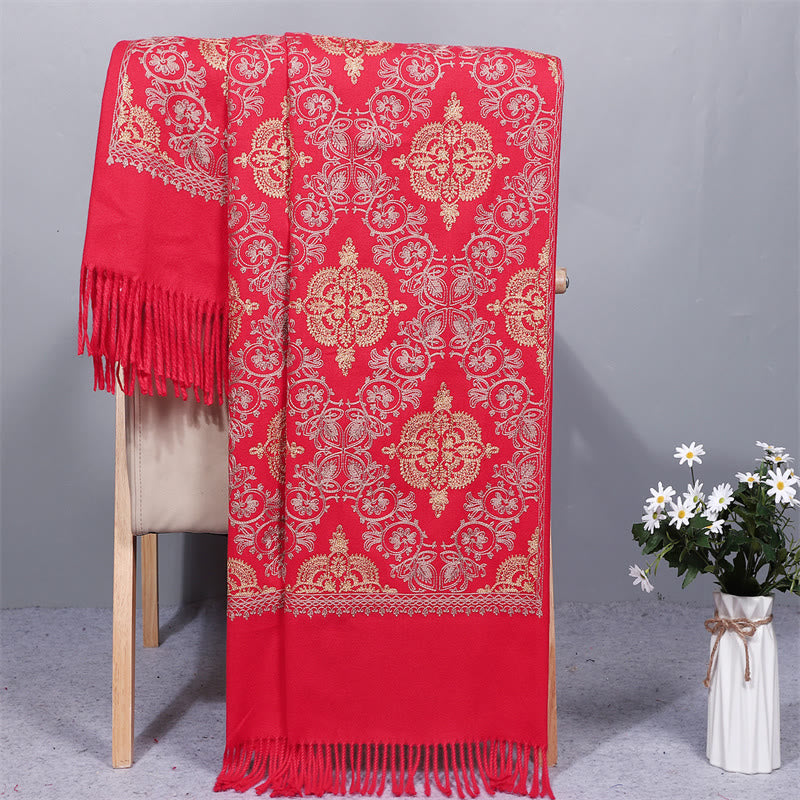Chal de poliéster con Buddha Stones , simetría, bordado de filigrana dorada, borlas, bufanda de viaje acogedora para el invierno