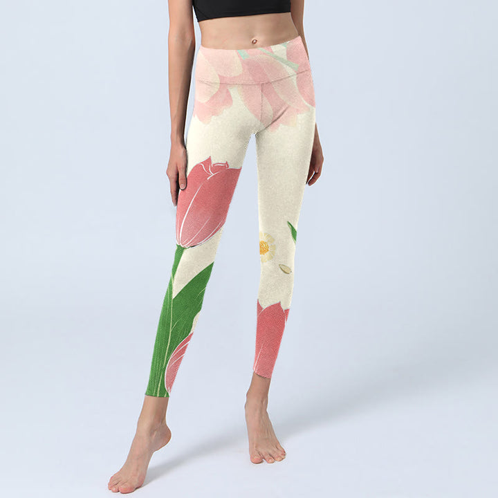 Leggings de fitness para gimnasio con estampado de flores de tulipán rosa y Buddha Stones para mujer - image 6
