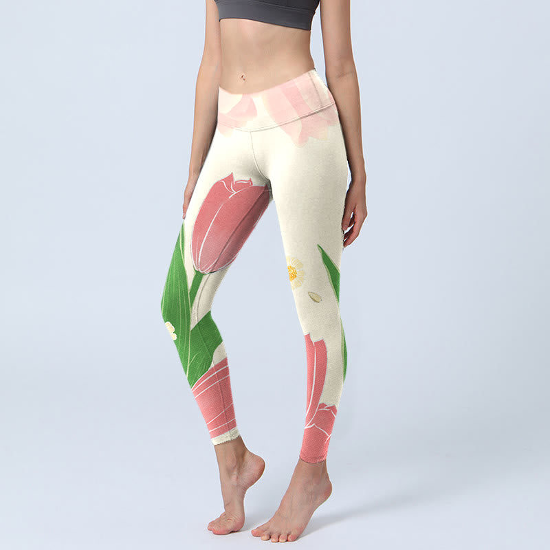 Leggings de fitness para gimnasio con estampado de flores de tulipán rosa y Buddha Stones para mujer - Blanco antiguo - US18，UK/AU22，EU50 (4XL) - image 1