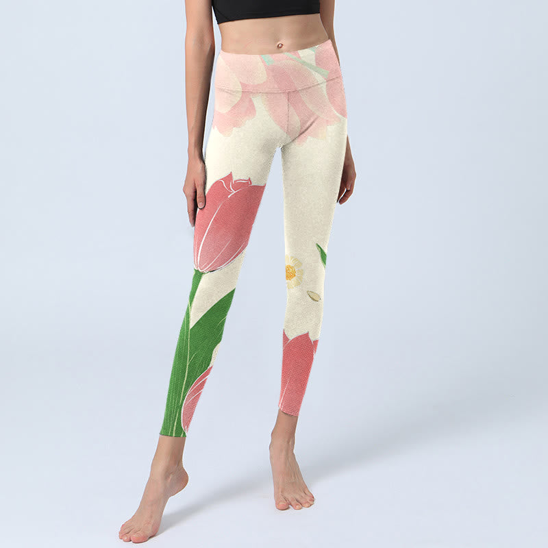 Leggings de fitness para gimnasio con estampado de flores de tulipán rosa y Buddha Stones para mujer - image 7