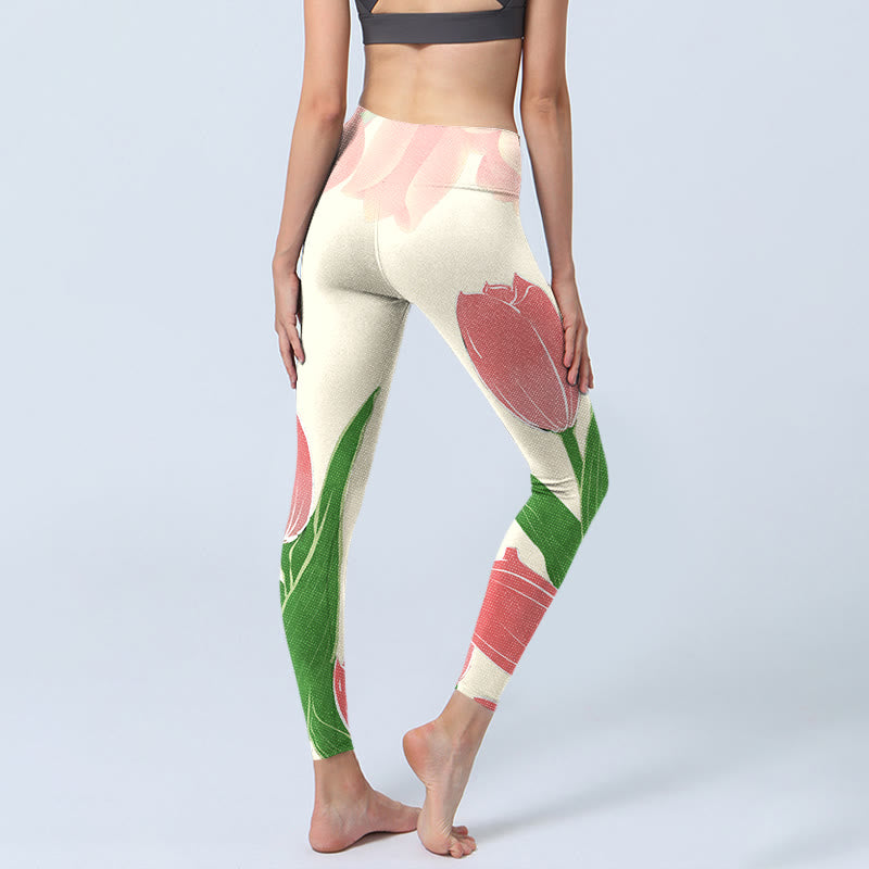 Leggings de fitness para gimnasio con estampado de flores de tulipán rosa y Buddha Stones para mujer - image 6