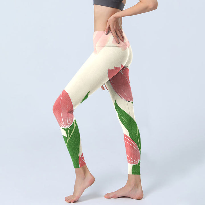 Leggings de fitness para gimnasio con estampado de flores de tulipán rosa y Buddha Stones para mujer - image 4