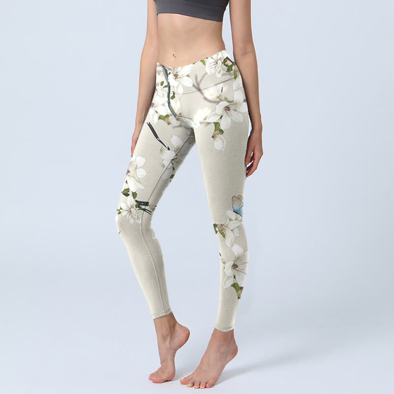 Leggings deportivos de fitness con estampado de flores de magnolia blanca y Buddha Stones para mujer - Lino - US18，UK/AU22，EU50 (4XL) - image 1