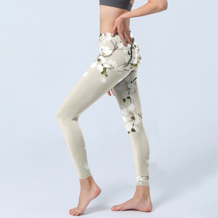 Leggings deportivos de fitness con estampado de flores de magnolia blanca y Buddha Stones para mujer - image 2
