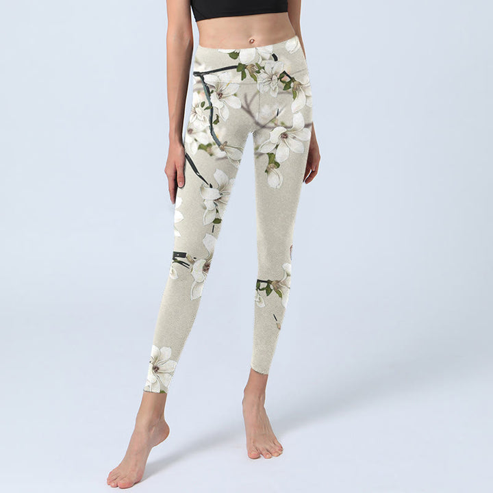 Leggings deportivos de fitness con estampado de flores de magnolia blanca y Buddha Stones para mujer - image 6