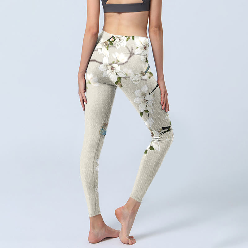 Leggings deportivos de fitness con estampado de flores de magnolia blanca y Buddha Stones para mujer - image 4