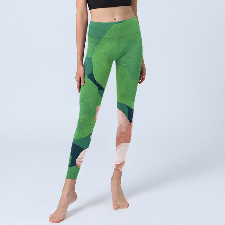 Leggings deportivos de fitness con estampado de hojas y flores de loto verdes y piedras de Buddha Stones para mujer - image 6