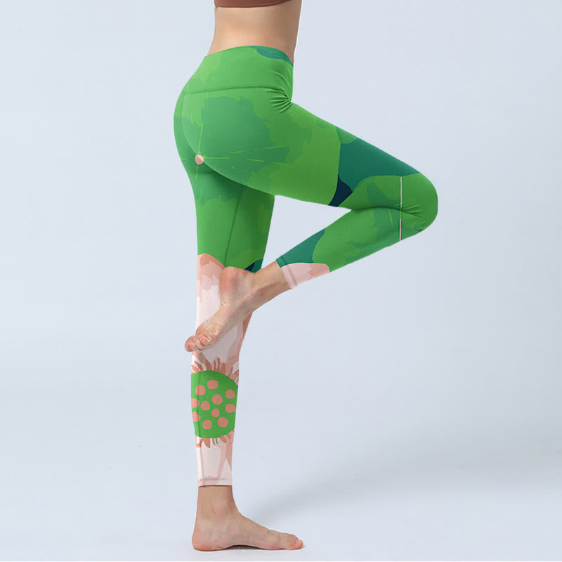 Leggings deportivos de fitness con estampado de hojas y flores de loto verdes y piedras de Buddha Stones para mujer - image 3