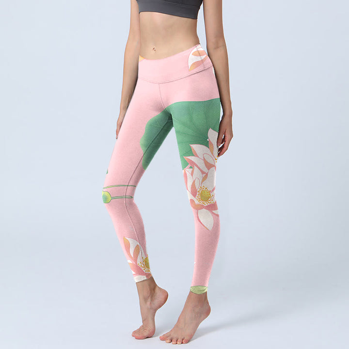 Leggings de fitness para gimnasio con estampado de hojas y flores de loto rosa y piedras de Buddha Stones para mujer - Rosa claro - US18，UK/AU22，EU50 (4XL) - image 0
