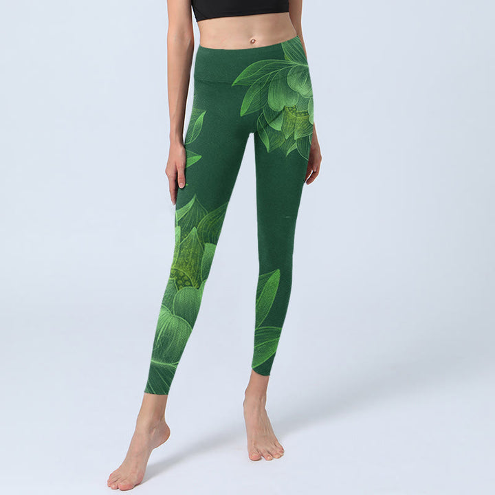 Leggings de fitness para gimnasio con estampado de hojas de flor de loto verde oscuro y Buddha Stones para mujer - image 7