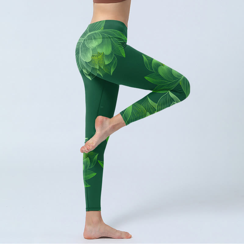 Leggings de fitness para gimnasio con estampado de hojas de flor de loto verde oscuro y Buddha Stones para mujer - image 4