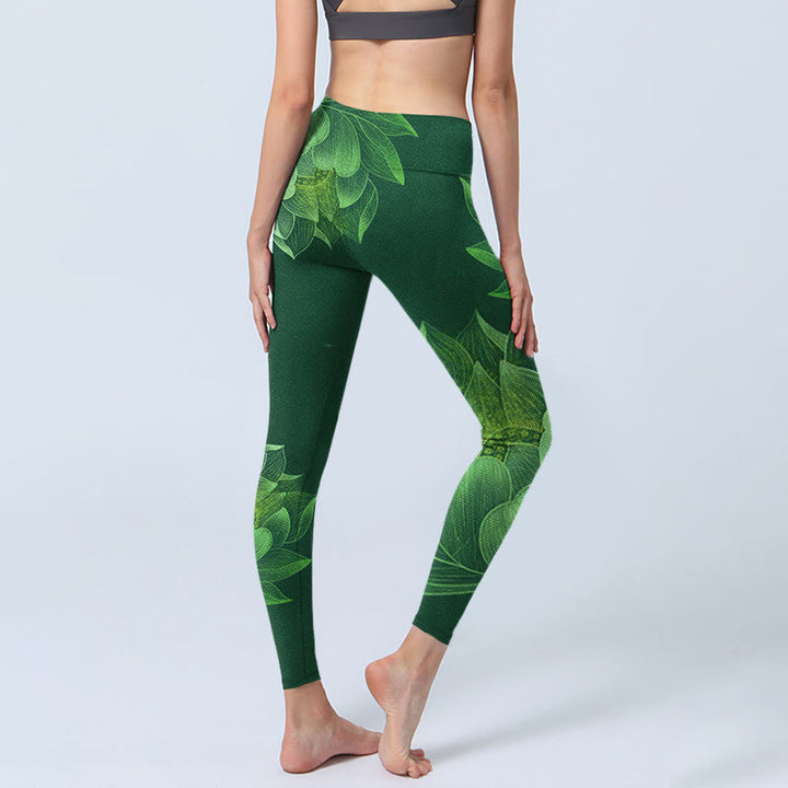 Leggings de fitness para gimnasio con estampado de hojas de flor de loto verde oscuro y Buddha Stones para mujer - image 6