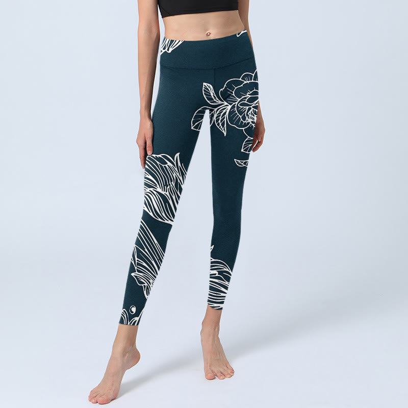 Leggings de fitness para gimnasio con estampado de flores de epiphyllum y peonías de Buddha Stones , pantalones de yoga para mujer - image 6
